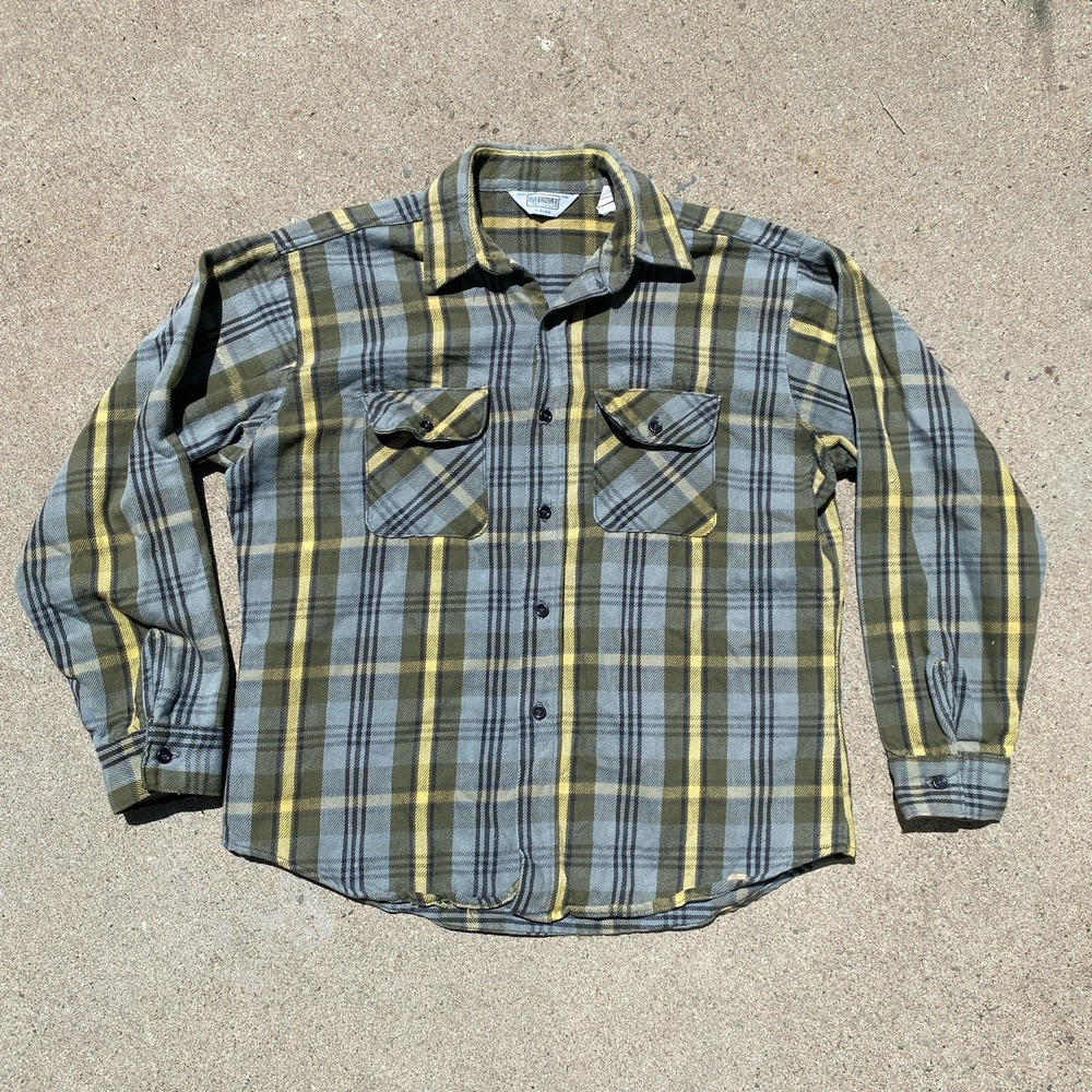 Vintage Five Brother Cotton Flannel Large Made in USA Green / Earth Tones 70s